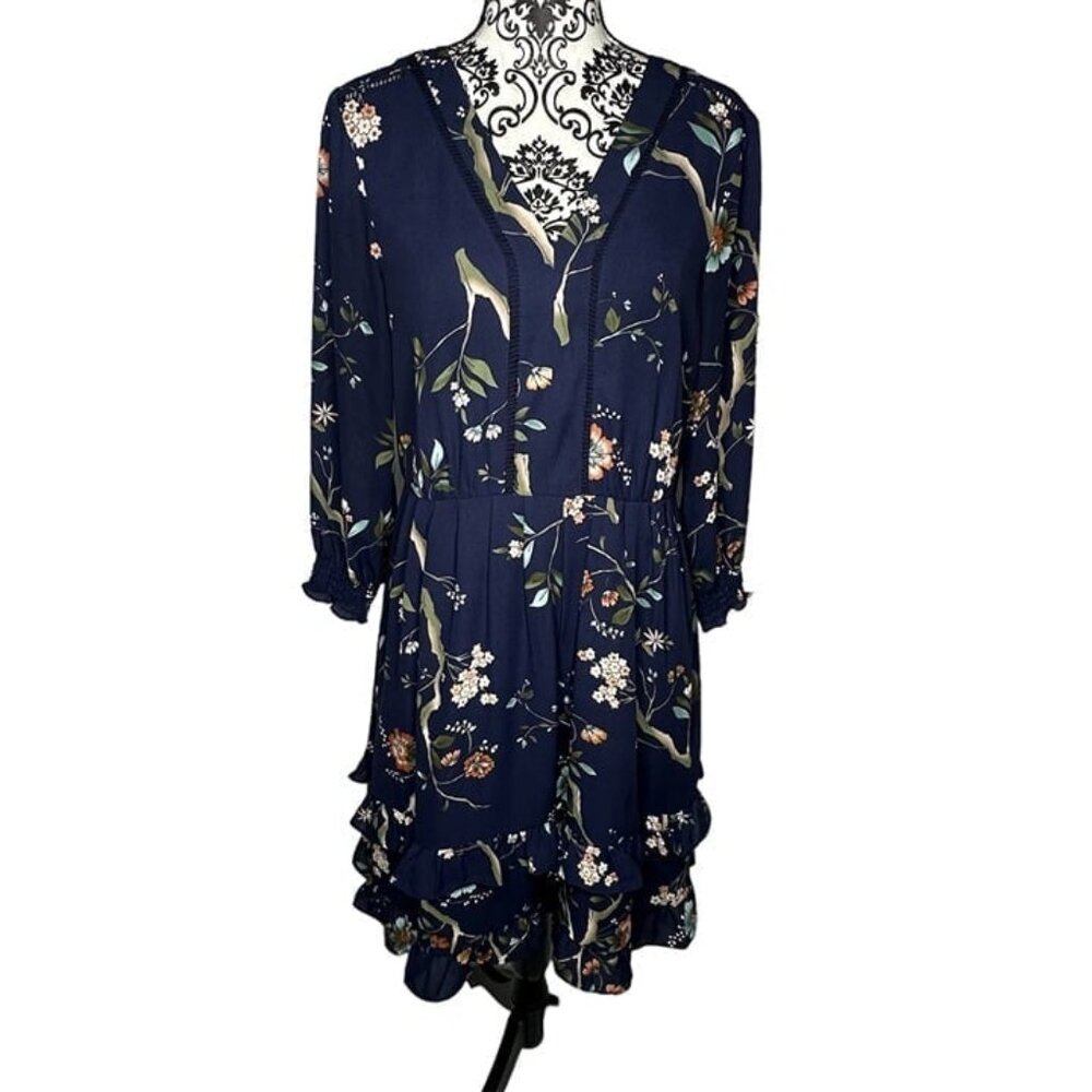 Nanette Lepore Navy Floral-Print Ruffled-Skirt Dress Size 10 - Picture 2 of 12